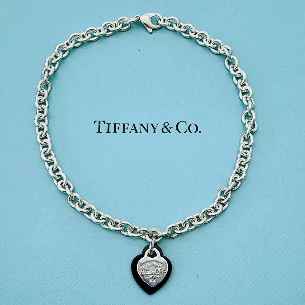 RARE Tiffany & Co. RTT Silver Heart Tag x Onyx Heart Removable Pendant Necklace